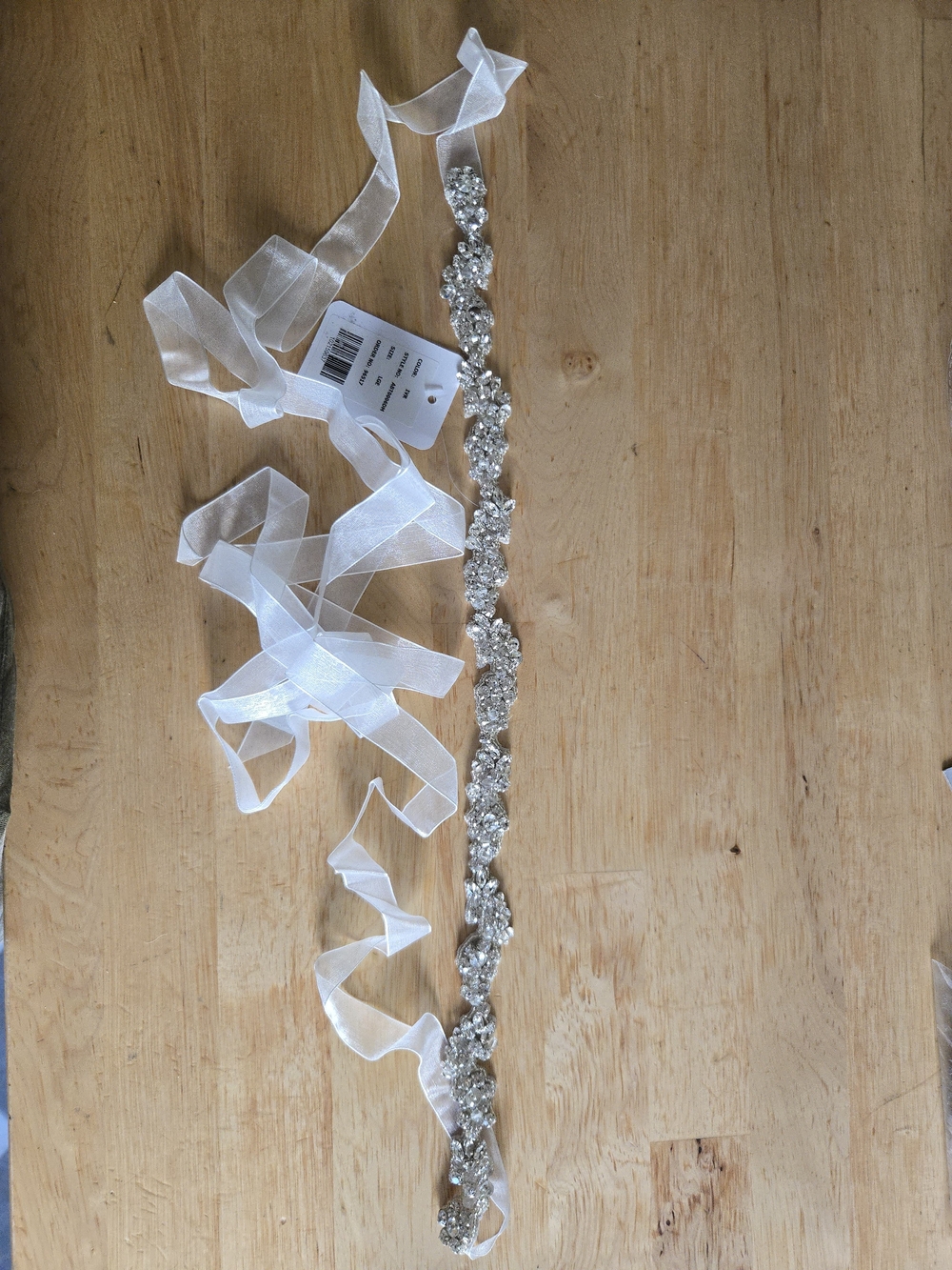 Crystal Embellished Sheer Ribbon Sash - Ivory & Silver